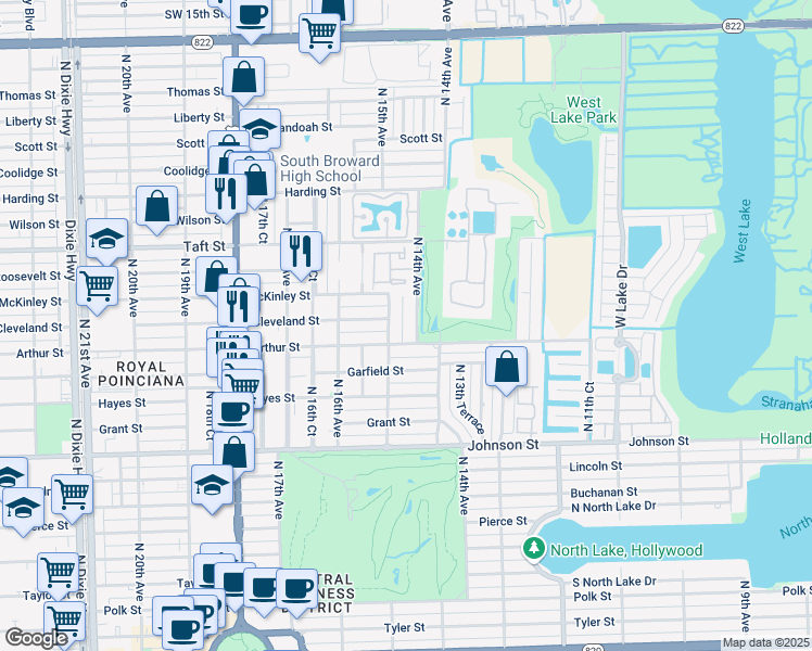 map of restaurants, bars, coffee shops, grocery stores, and more near 1425 Arthur Street in Hollywood