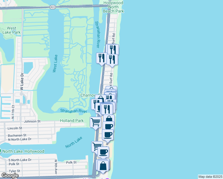 map of restaurants, bars, coffee shops, grocery stores, and more near 1815 North Surf Road in Hollywood