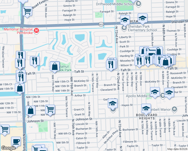 map of restaurants, bars, coffee shops, grocery stores, and more near 1601 North 74th Terrace in Hollywood