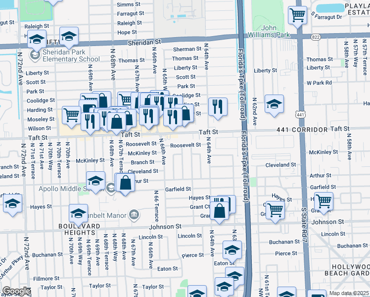 map of restaurants, bars, coffee shops, grocery stores, and more near 1521 Northwest 65th Terrace in Hollywood