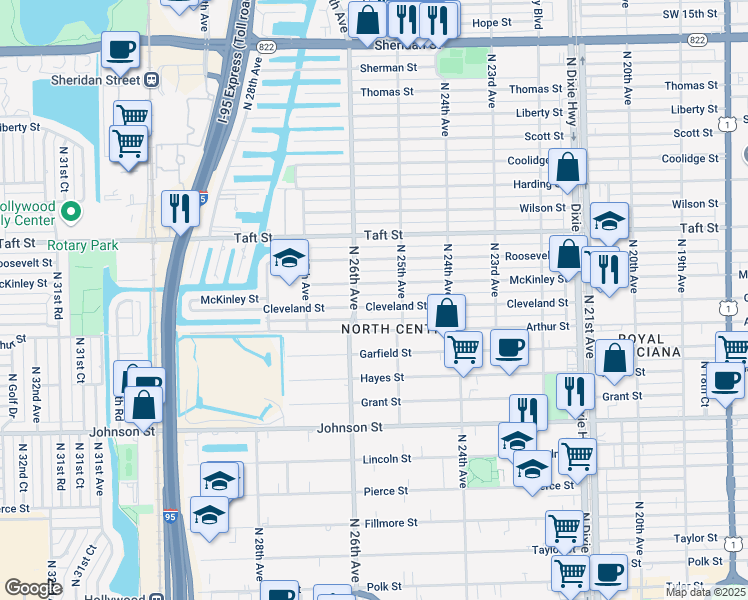 map of restaurants, bars, coffee shops, grocery stores, and more near 2525 Cleveland Street in Hollywood