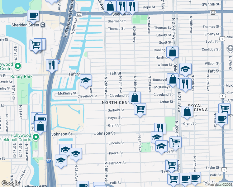 map of restaurants, bars, coffee shops, grocery stores, and more near 2525 Cleveland Street in Hollywood