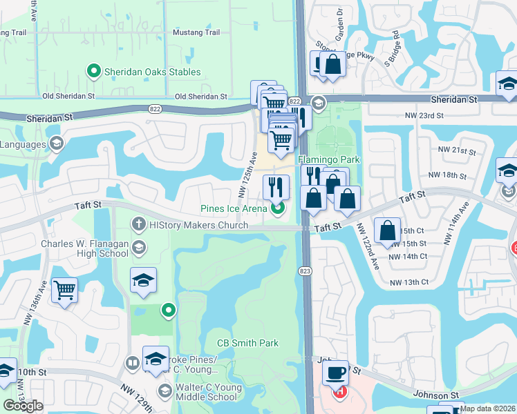 map of restaurants, bars, coffee shops, grocery stores, and more near 12425 Taft Street in Pembroke Pines