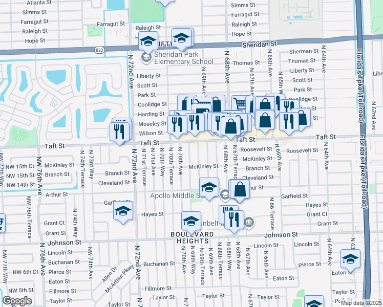 map of restaurants, bars, coffee shops, grocery stores, and more near 1601 North 69th Way in Hollywood