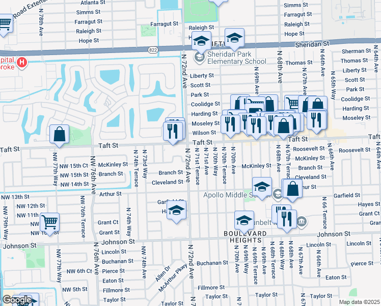 map of restaurants, bars, coffee shops, grocery stores, and more near 1611 North 72nd Avenue in Hollywood