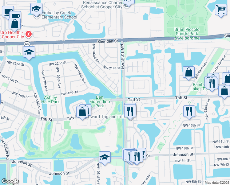 map of restaurants, bars, coffee shops, grocery stores, and more near 1760 Acorn Lane in Pembroke Pines