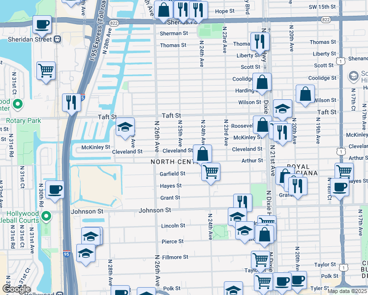 map of restaurants, bars, coffee shops, grocery stores, and more near 2443 Cleveland Street in Hollywood