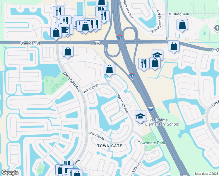map of restaurants, bars, coffee shops, grocery stores, and more near 15825 Northwest 14th Road in Pembroke Pines