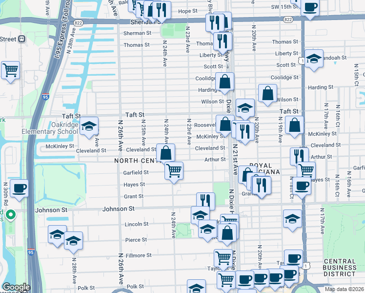 map of restaurants, bars, coffee shops, grocery stores, and more near 2319 Cleveland Street in Hollywood