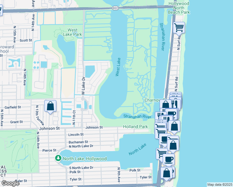 map of restaurants, bars, coffee shops, grocery stores, and more near 1640 Weeping Willow Way in Hollywood