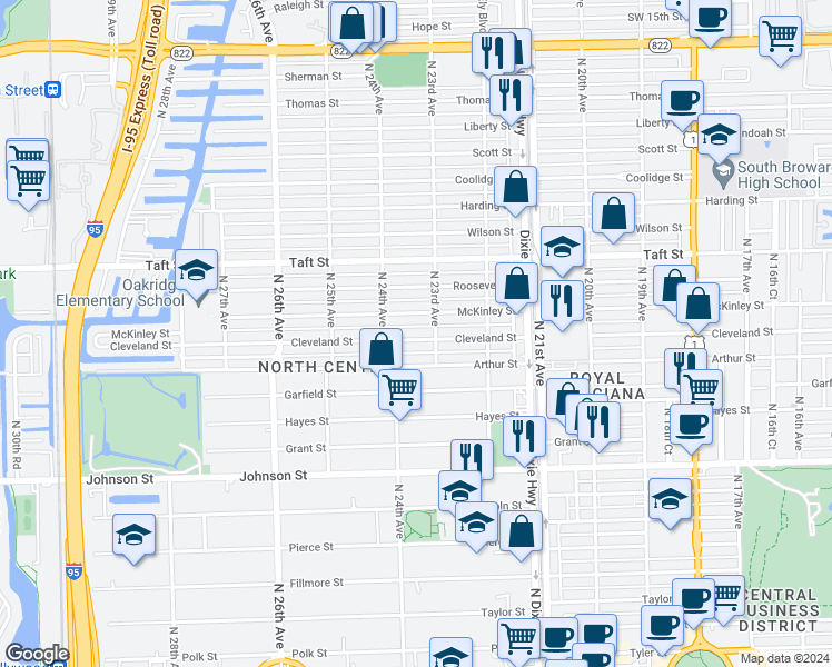 map of restaurants, bars, coffee shops, grocery stores, and more near 2319 Cleveland Street in Hollywood