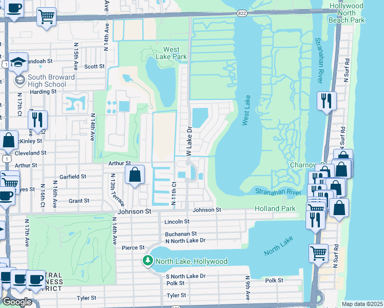 map of restaurants, bars, coffee shops, grocery stores, and more near 1120 Pin Oak Street in Hollywood