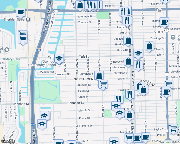 map of restaurants, bars, coffee shops, grocery stores, and more near 2443 Cleveland Street in Hollywood