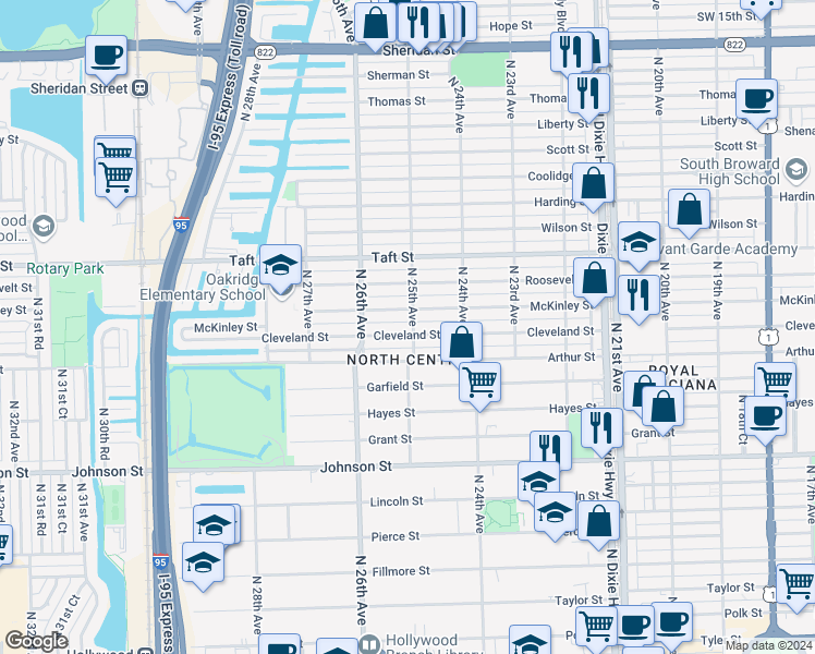 map of restaurants, bars, coffee shops, grocery stores, and more near 2443 Cleveland Street in Hollywood