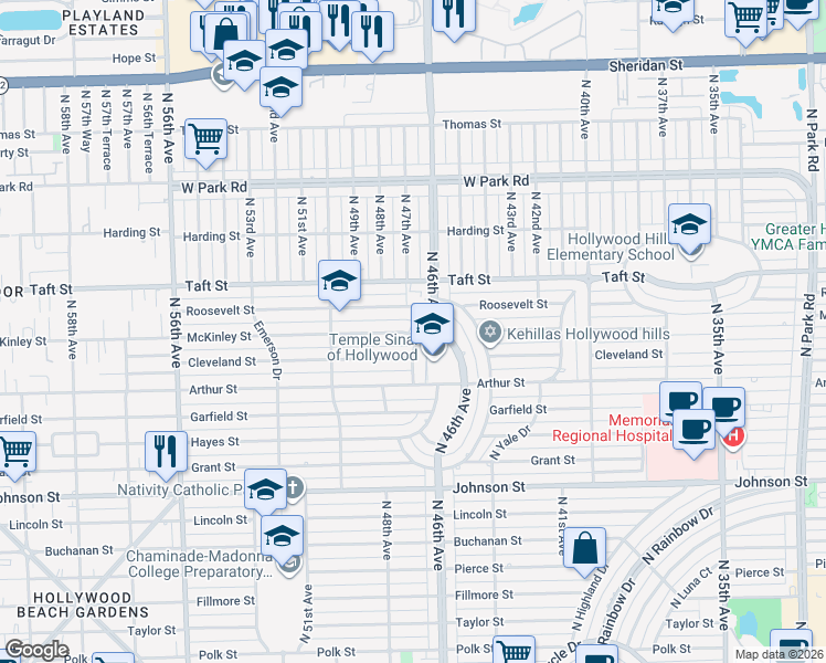map of restaurants, bars, coffee shops, grocery stores, and more near 4713 McKinley Street in Hollywood