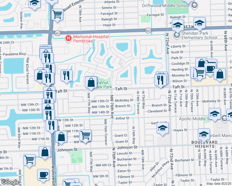 map of restaurants, bars, coffee shops, grocery stores, and more near 7521 Roosevelt Street in Hollywood