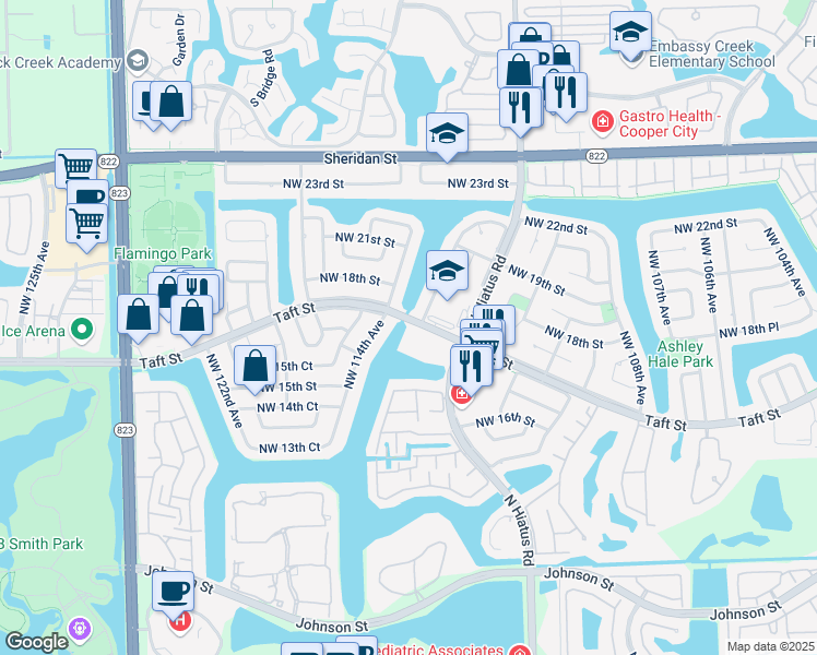 map of restaurants, bars, coffee shops, grocery stores, and more near 11358 Taft Street in Pembroke Pines