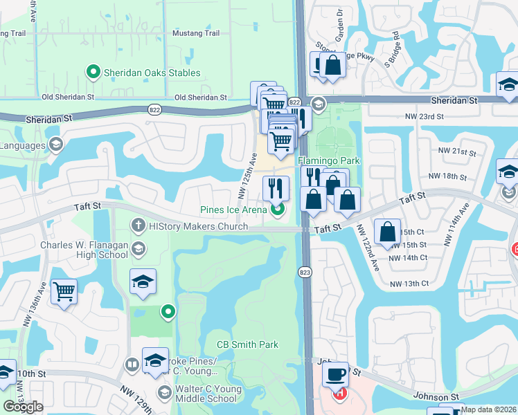 map of restaurants, bars, coffee shops, grocery stores, and more near 12425 Taft Street in Pembroke Pines