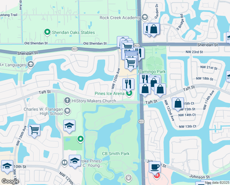 map of restaurants, bars, coffee shops, grocery stores, and more near 1752 Northwest 124th Place in Pembroke Pines