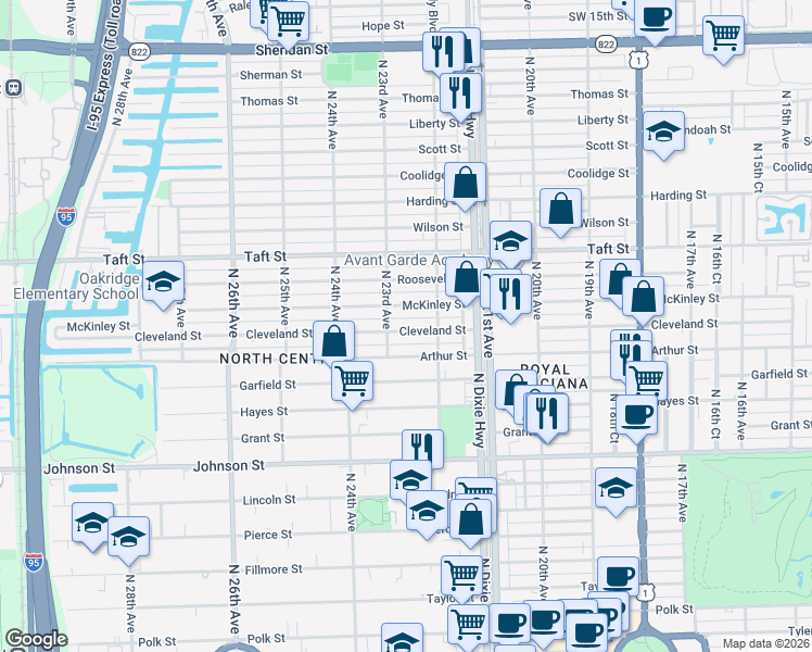 map of restaurants, bars, coffee shops, grocery stores, and more near 2231 Cleveland Street in Hollywood