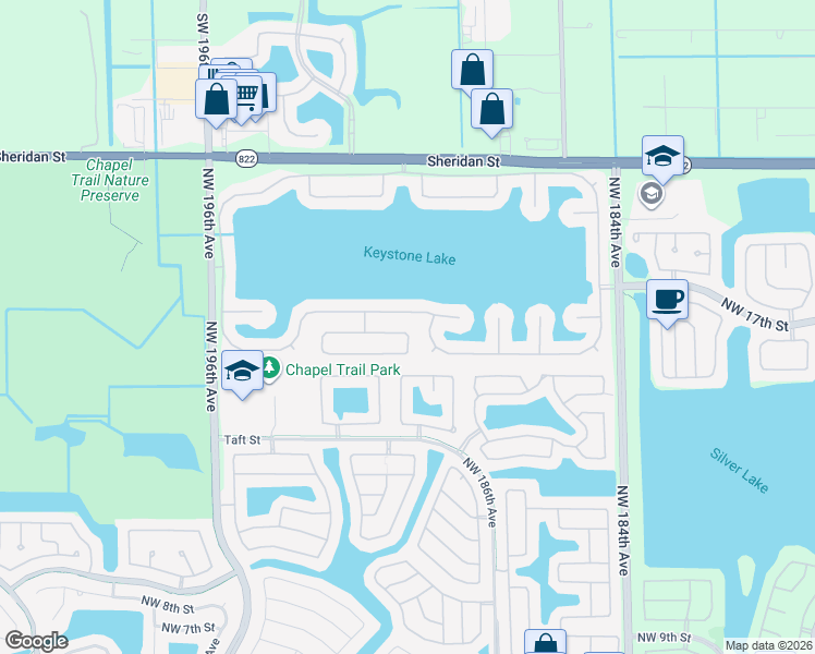 map of restaurants, bars, coffee shops, grocery stores, and more near 19011 Northwest 23rd Court in Pembroke Pines