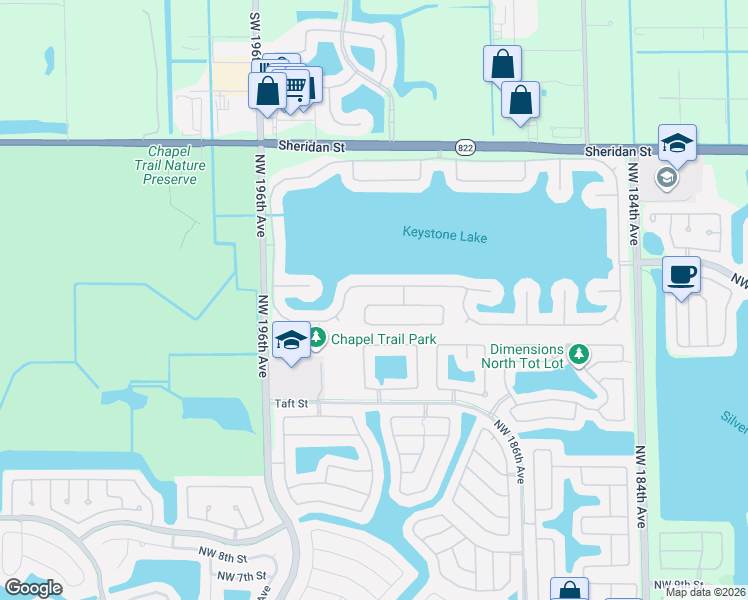 map of restaurants, bars, coffee shops, grocery stores, and more near 19175 Northwest 23rd Court in Pembroke Pines