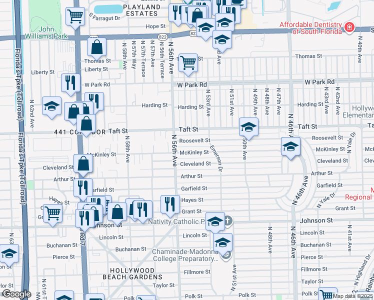 map of restaurants, bars, coffee shops, grocery stores, and more near 5501 McKinley Street in Hollywood