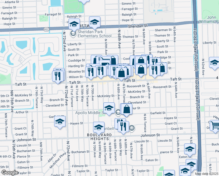map of restaurants, bars, coffee shops, grocery stores, and more near 1601 North 69th Avenue in Hollywood