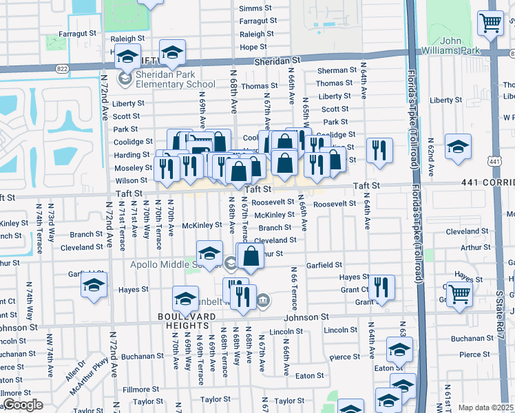 map of restaurants, bars, coffee shops, grocery stores, and more near 6750 Roosevelt Street in Hollywood