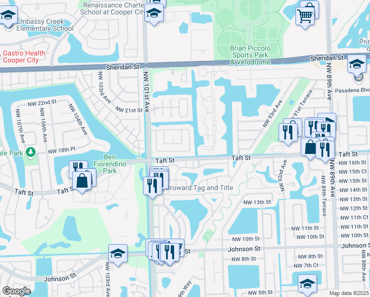 map of restaurants, bars, coffee shops, grocery stores, and more near 9853 Northwest 18th Street in Pembroke Pines