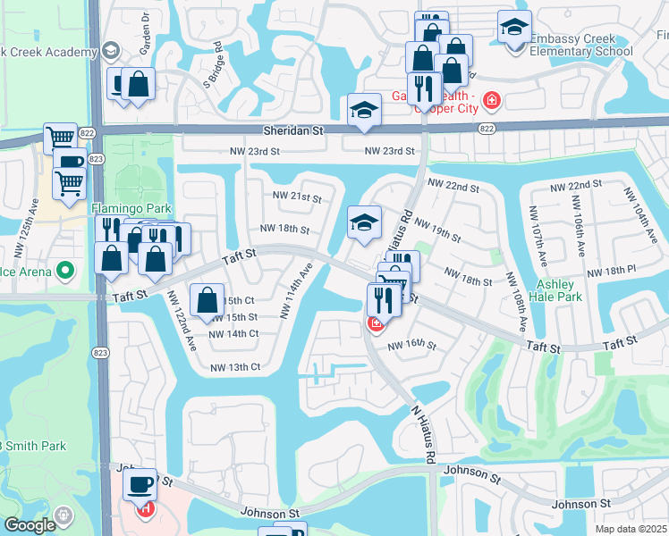 map of restaurants, bars, coffee shops, grocery stores, and more near 11358 Taft Street in Pembroke Pines