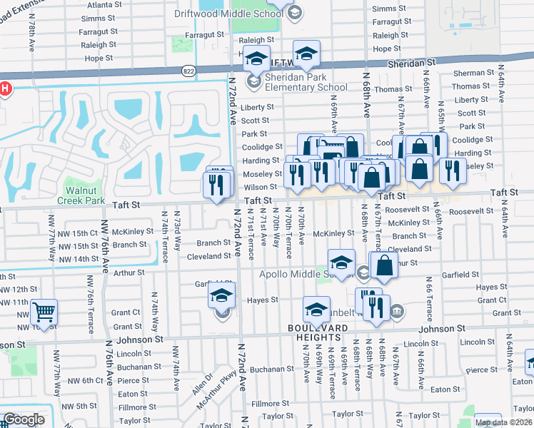map of restaurants, bars, coffee shops, grocery stores, and more near 1611 North 71st Avenue in Hollywood