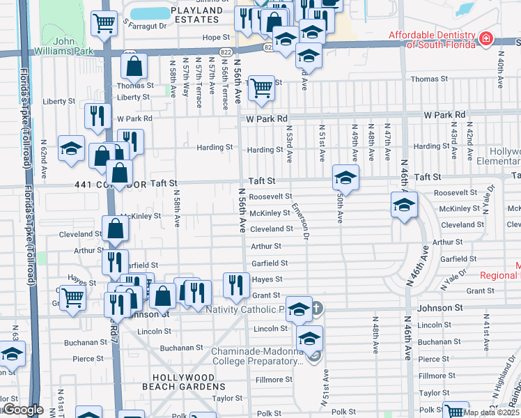 map of restaurants, bars, coffee shops, grocery stores, and more near 5501 McKinley Street in Hollywood