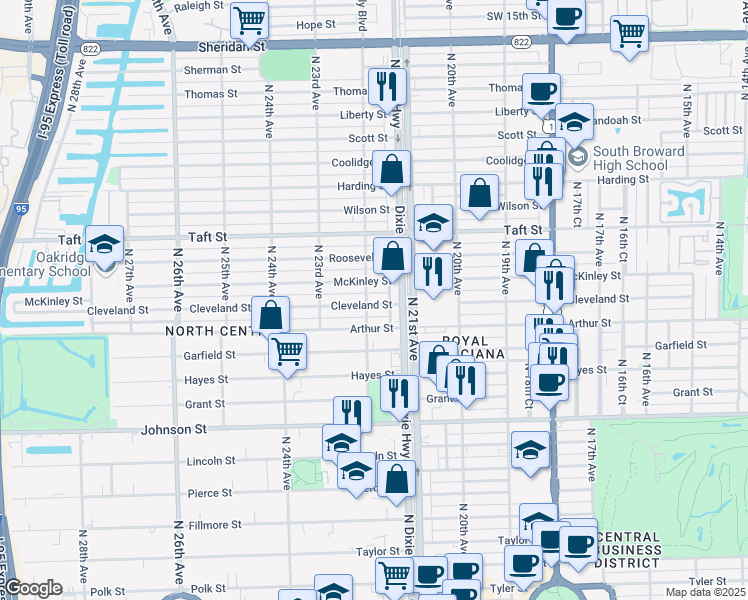 map of restaurants, bars, coffee shops, grocery stores, and more near 2131 Cleveland Street in Hollywood