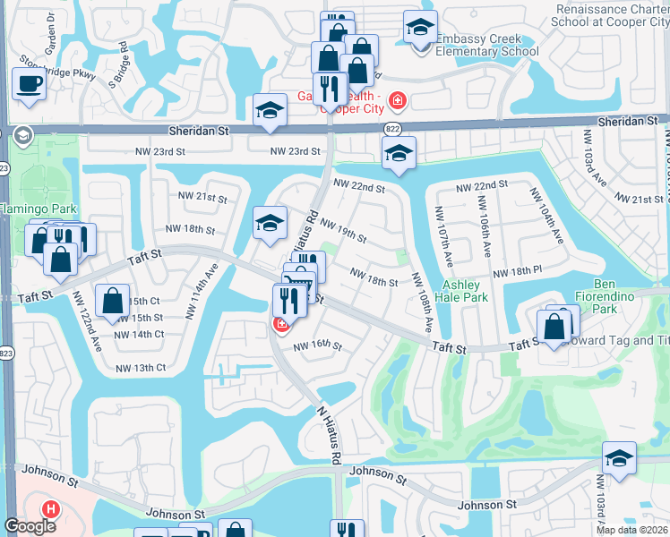 map of restaurants, bars, coffee shops, grocery stores, and more near 1721 Northwest 111th Avenue in Pembroke Pines