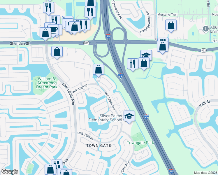 map of restaurants, bars, coffee shops, grocery stores, and more near 1455 Northwest 153rd Lane in Pembroke Pines