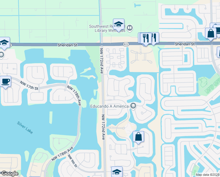 map of restaurants, bars, coffee shops, grocery stores, and more near 1947 Northwest 171st Avenue in Pembroke Pines