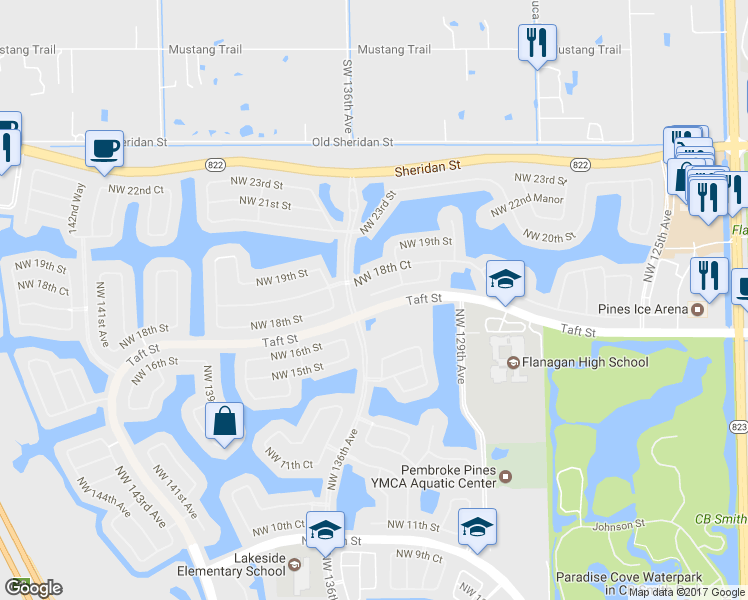 map of restaurants, bars, coffee shops, grocery stores, and more near 13294 Northwest 18th Street in Pembroke Pines
