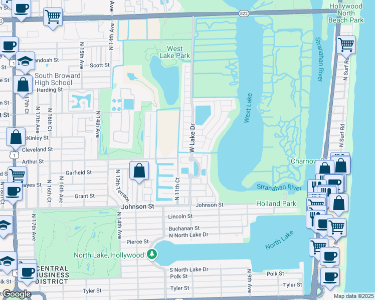 map of restaurants, bars, coffee shops, grocery stores, and more near 1120 Pin Oak Street in Hollywood