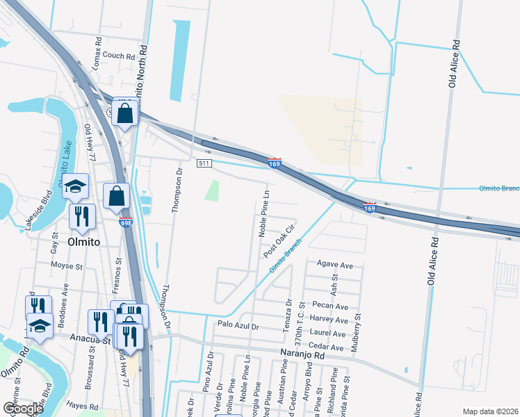 map of restaurants, bars, coffee shops, grocery stores, and more near 7096 Post Oak Circle in Brownsville