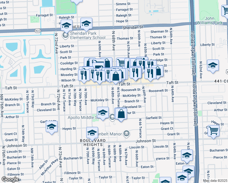 map of restaurants, bars, coffee shops, grocery stores, and more near 1601 North 68th Avenue in Hollywood