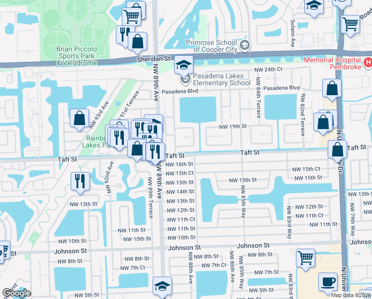 map of restaurants, bars, coffee shops, grocery stores, and more near 8740 Northwest 17th Court in Pembroke Pines