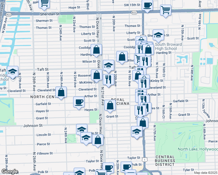map of restaurants, bars, coffee shops, grocery stores, and more near 2001-2099 Cleveland Street in Hollywood