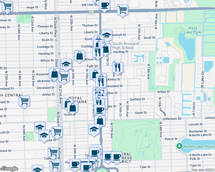map of restaurants, bars, coffee shops, grocery stores, and more near 1723 Cleveland Street in Hollywood