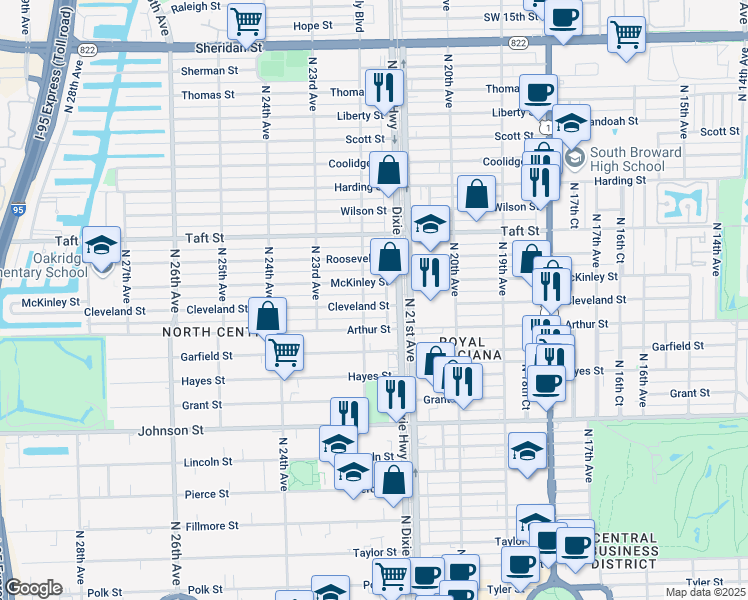 map of restaurants, bars, coffee shops, grocery stores, and more near 2131 Cleveland Street in Hollywood