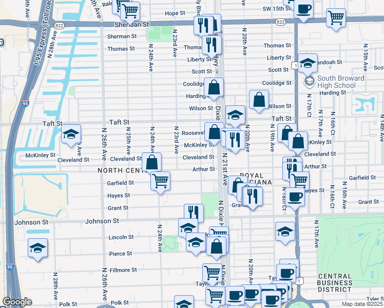 map of restaurants, bars, coffee shops, grocery stores, and more near 2231 Cleveland Street in Hollywood