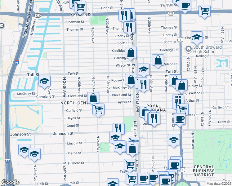 map of restaurants, bars, coffee shops, grocery stores, and more near 2231 Cleveland Street in Hollywood