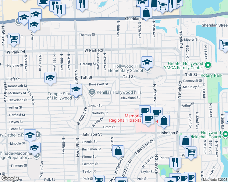 map of restaurants, bars, coffee shops, grocery stores, and more near 1416 North 40th Avenue in Hollywood
