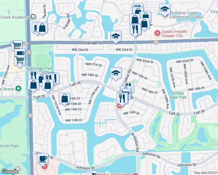 map of restaurants, bars, coffee shops, grocery stores, and more near 11358 Taft Street in Pembroke Pines