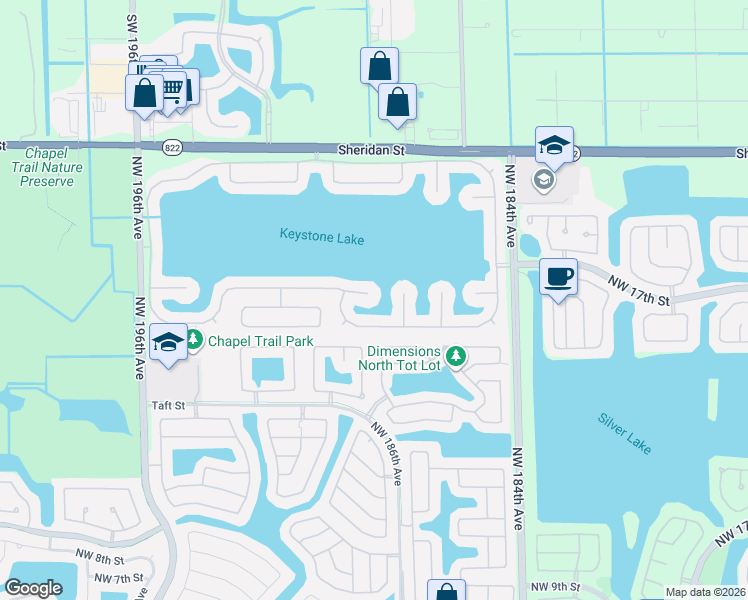 map of restaurants, bars, coffee shops, grocery stores, and more near 2328 Northwest 187th Avenue in Pembroke Pines